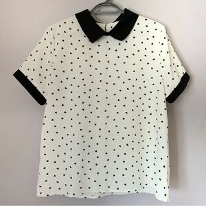SHEIN Heart Print Blouse Black & White Peter Pan Collar Top Size XL